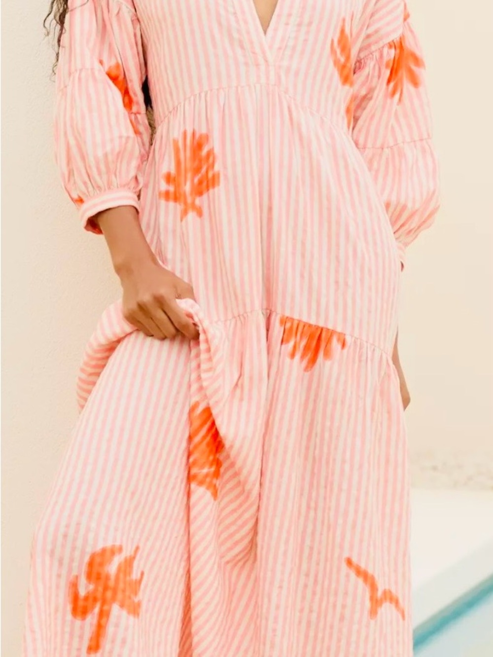 Women's Pink Striped Maxi Dress with Orange Floral Accents